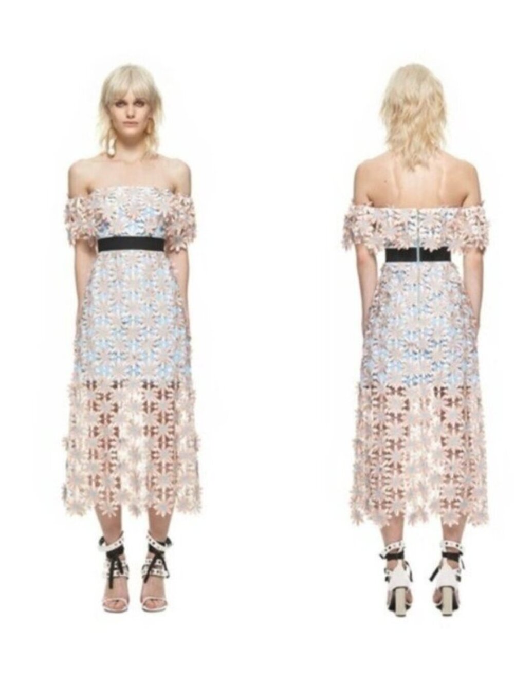Self-Portrait 3D Floral Guipure Lace Off-Shoulder Midi Dress Pink Blue